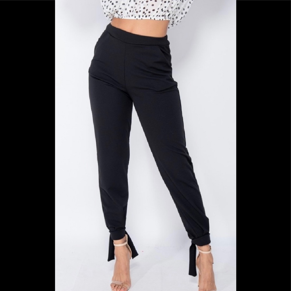 Tie Up Hem Black Pants - Picture 1 of 5